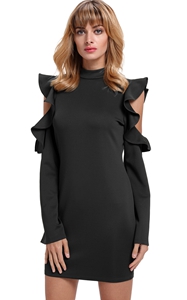 BY220150-2 Black Cold Shoulder Ruffle Long Sleeve Bodycon Dress